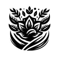 Intricate Black and White Floral Crest A Stylized Lotus Blossom with Leafy Embellishments and Geometric Detailing on a Clean White Backdrop. vector