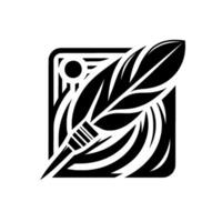 A striking black and white featuring a stylized feather enclosed within a square frame, emphasizing and minimalist appeal. vector