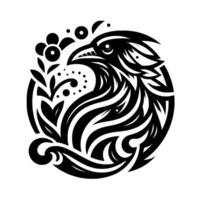 Symbolic Black and White Circular Illustration of a Bird with Botanical Elements, TribalInspired vector