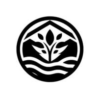 A minimalist black and white circular featuring stylized leaves and house structure above water wave graphic. vector