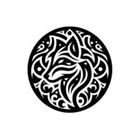 Intricate Black and White Circular Wolf Tribal Design, Featuring Stylized Animal Head with Ornamental Details within a Geometric Frame. vector