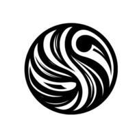 Abstract Circular Yin Yang with Swirling Black and White Lines, Resembling Feathers or Waves on a Pure White Background vector