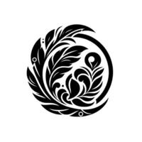 Intricate Black and White Floral Emblem A Circular Composition of Stylized Leaves and Spirals, Encased in a Bold Circle, on a Clean White Background. vector