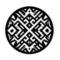 A symmetrical, circular, black and white geometric featuring intricate patterns of lines, squares, and shapes, evoking an ancient aesthetic. vector