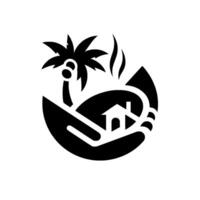 A stylized black and white emblem of a hand cradling a beach scene, palm tree and house, symbolizing care and protection. vector