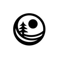 Minimalist Black and White YinYang Style Emblem Featuring a Pine Tree and Sun in a Circular Composition. vector