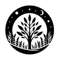 Serene black and white nature illustration within a circular frame. A tree and vegetation are featured, set against a night sky with stars and moon. vector