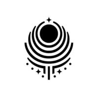 Minimalist Black and White Celestial Symbol Featuring Concentric Arcs, a Central Dot, Stars, and Radial Lines, Set Against White Background. vector