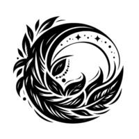 A monochromatic botanical design, a stylized crescent composed of leaves and flowing lines, adorned with star and dot details. vector