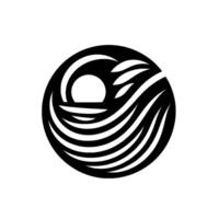 Stylized black and white circular featuring a sunset over a calm sea, with abstract waves and stylized palm leaves. vector