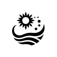 Black and White Minimalist Design Spiked Sun, Waves, and Floating Spheres Within a Circular Composition. vector