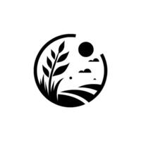Minimalist Monochrome Emblem A WheatLike Plant, Rolling Fields, Sun, and Clouds Enclosed Within a Circular Frame, Evoking Natures Simplicity. vector