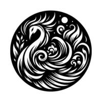 A stylized, monochrome featuring a graceful phoenix within a circular frame, incorporating swirling lines and floral elements. vector