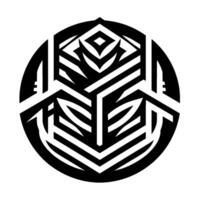 Black and White Geometric Mandala with Abstract Cuboid Center, Circular Frame and Sharp Angles, Illustration. vector