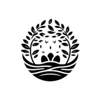 A minimalist black and white depicting a stylized nest with three eggs, surrounded by leafy branches, evoking simplicity and growth. vector