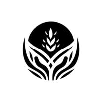 A stylized emblem depicting a wheat stalk within a black circle, embraced by abstract, symmetrical forms resembling hands or leaves, set against a white backdrop. vector