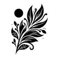 Intricate black and white botanical illustration featuring stylized leaves, a central stem, a dot pattern, and a solid black circle on a white backdrop. vector