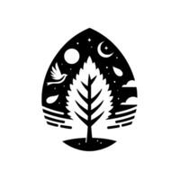 A stylized black and white illustration, a tree silhouette within a teardrop, featuring a night sky with moon, stars, a bird, and elements of nature. vector