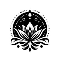 Elegant Monochrome Lotus Mandala with Dot Circle, Stars, and Teardrop Symbolism, Emblem Style. vector
