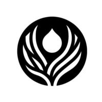 A symmetrical black and white featuring a teardrop shape at the center, surrounded by stylized leaflike or flamelike patterns within a circle. vector