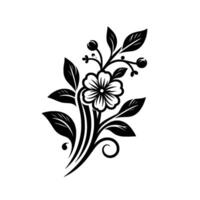 Elegant Black and White Floral featuring a symmetrical arrangement of leaves, blossoms, berries, and a scrolling tendril on a minimalist background. vector