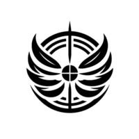 Circular Emblem with Abstract Winged Design, Central Cross, and Bladelike Element, Black and White vector
