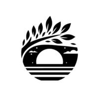 A minimalist, monochromatic illustration of a circular landscape leaves, arch, horizon and water, showcasing a serene blend of nature and geometric elements. vector