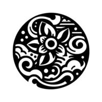 Black White Circular Design A stylized floral motif with swirling patterns, creating a balanced, symmetrical and decorative composition. vector
