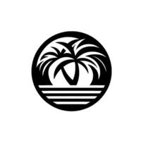 Stylized black and white featuring two palm trees inside a circle, above horizontal lines representing water. vector
