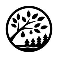A stylized black and white emblem depicting a tree with leaves, water droplets, and a forest silhouette within a circular frame, suggestive of nature and conservation. vector