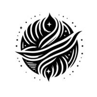 Ornate Black and White Circular Emblem with Flowing Lines, Star Embellishments, and Dynamic Composition on a White Background. vector