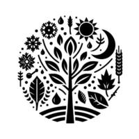 A stylized black and white circular illustration depicting the cycle of nature, centered around a tree, and encompassing seasonal elements. vector