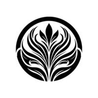 A symmetrical, stylized botanical emblem featuring a central floral element, encapsulated within a circular black frame, on a plain white backdrop, exuding elegance. vector