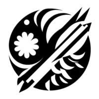 Abstract Black White Composition Circular featuring a stylized flower, arrowlike shape, and layered geometric elements with gradient shading. vector