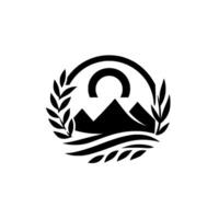 Elegant minimalist emblem of a mountain range beneath a stylized crescent moon, framed by laurel branches in a circular composition, with a clean white background. vector