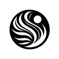 A monochromatic, abstract featuring flowing, wavelike forms intertwined within a circle, with a contrasting white sphere. vector