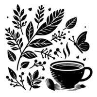 Artistic Black and White Illustration Featuring a Coffee Cup, Botanical Elements, a Butterfly, and Decorative Foliage, with a minimalist aesthetic. vector