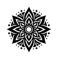 Intricate Black and White Geometric Floral Mandala with Symmetrical Petals and a Central Ocular Motif on a White Background. vector