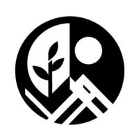 YinYang Inspired Geometric Featuring a Plant and Mountain Landscape with Sun in Contrasting Black White vector