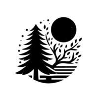 Black and white minimalist illustration of a coniferous tree, leafy tree branch, full moon, and horizon line within an oval. vector