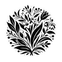 Intricate Floral Arrangement in a Monochromatic Circular Design, Featuring Lilies, Buds, Leaves, and Berries, on White Background. vector