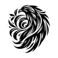 A striking, stylized black and white illustration of an eagles head intertwined with ornate, flowing featherlike elements and botanical details, creating a dynamic composition. vector