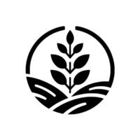Circular minimalist black and white featuring wheat plant rising from stylized fields, enclosed within an incomplete circle, conveying growth. vector