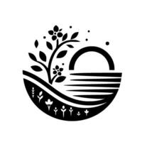 Black and white minimalist illustration, featuring a blooming tree over a field, with horizon and sky. vector