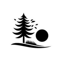 Monochrome minimalist landscape A stylized evergreen tree with windblown leaves, a solid black sun, and a field on a white background. vector