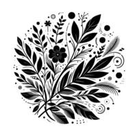 A stylized monochrome botanical illustration, composed of overlapping floral elements forming a circular design, with detailed leaves and blossoms. vector