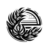 Ornate, geometric black and white circular featuring stylized botanical elements, including a central flower and layered leaves, creating a balance. vector