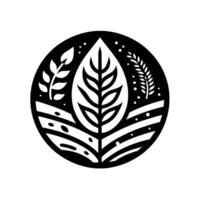 A symmetrical, stylized of a leaf and plant elements enclosed in a black circle, embodying growth and natures design, set against a clean white backdrop. vector