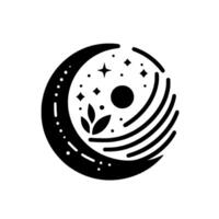 A minimalist monochrome celestial emblem featuring a crescent moon, stars, leaves, and stylized concentric rings, creating a serene, cosmic composition. vector
