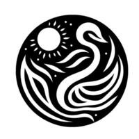 A minimalist black and white circular featuring a stylized swan emerging from wavy lines, sun with radiant lines in the upper left, conveying harmony and natural elements. vector